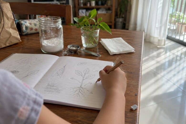 A hand holding a pencil over an open notebook with scribbled diagrams, beside a jar of baking soda and a sprig of leaves on a table.
